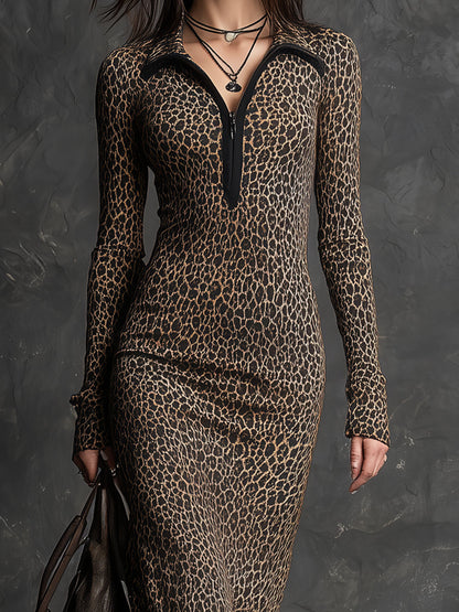 Bohemian Leopard Print Knitted Slim Fit Midi Dress