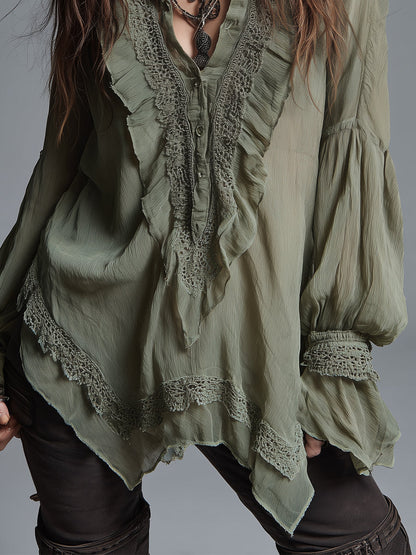 Bohemian-style Chiffon Blouse With Lace Trim