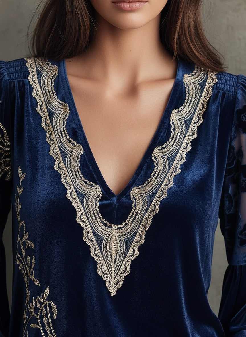 Elegant Velvet Embroidered V-Neck Blouse with Sheer Sleeves