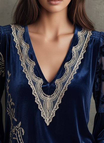 Elegant Velvet Embroidered V-Neck Blouse with Sheer Sleeves
