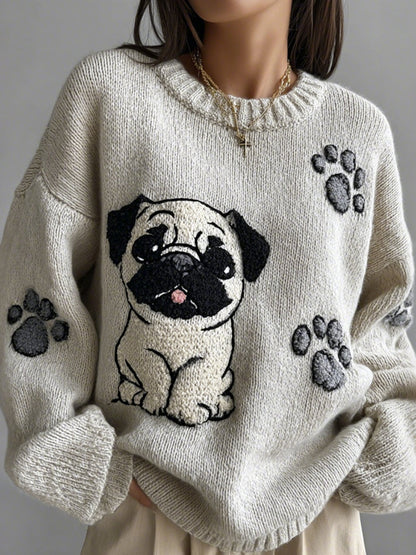 Lovely Cute Pug And Paws Embroidery Art Loose Cozy Knit Sweater