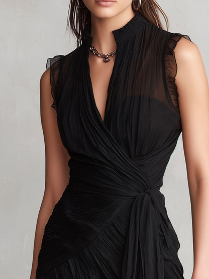 Black Sheer Pleated Wrap Mini Dress ¨C Ruffled Trim & Tie Waist