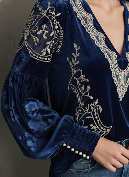 Elegant Velvet Embroidered V-Neck Blouse with Sheer Sleeves