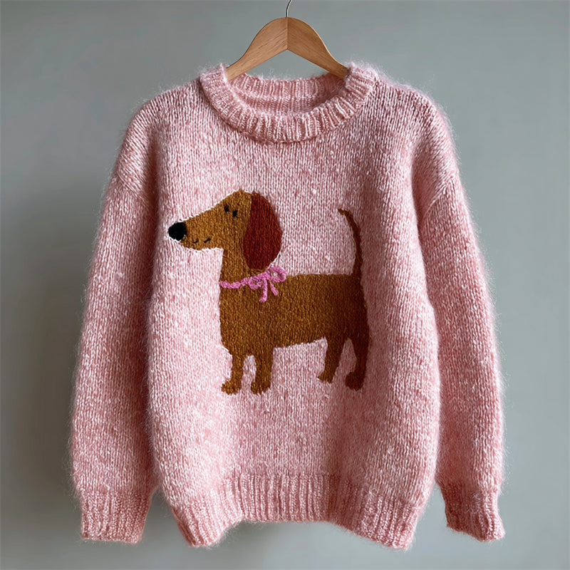 Vintage Lovely Dachshund With Pink Tie Cozy Knit Sweater