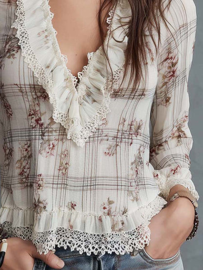 Vintage Ruffle Lace Floral Plaid Chiffon Blouse