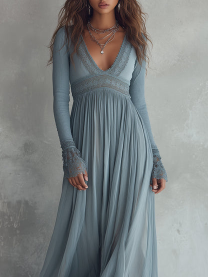 Bohemian Holiday Knitted Chiffon Pleated Lace Splicing Maxi Dress