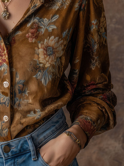 Vintage Suede Floral Print Puff Sleeves Blouse