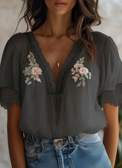 Boho Delicate Floral Embroidered Chiffon Blouse
