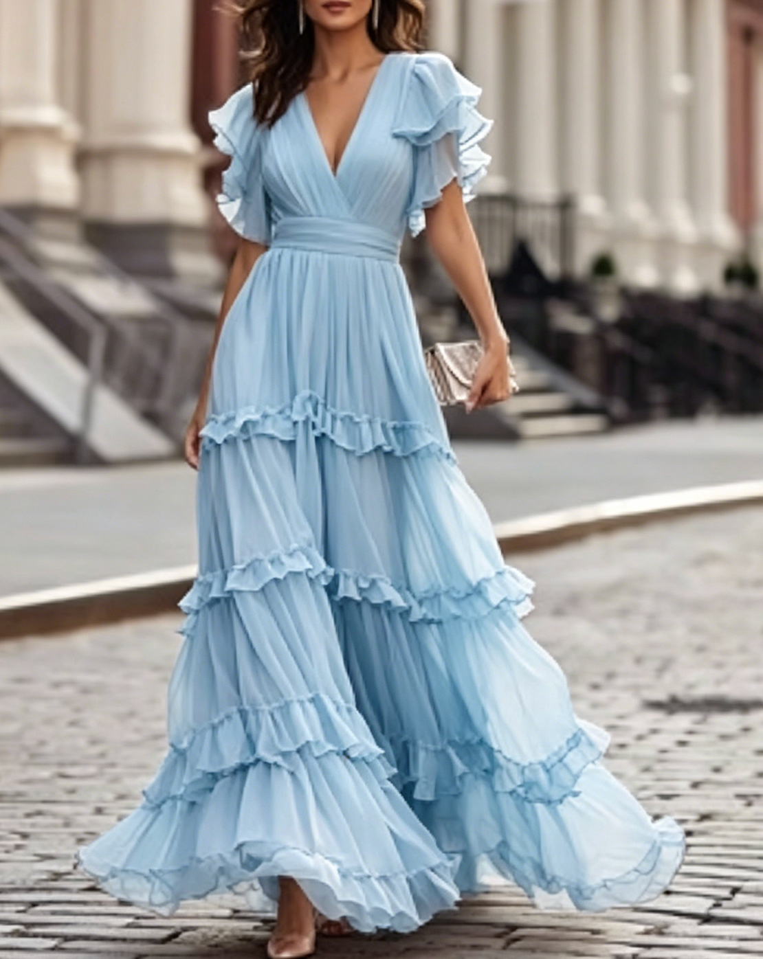 Ruffled V-Neck Tiered Maxi Dress