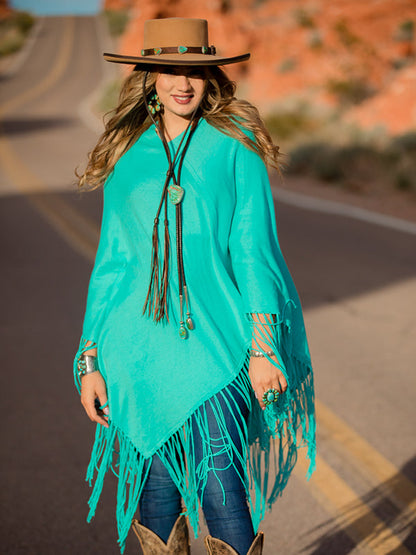 Fringe Poncho - Aqua