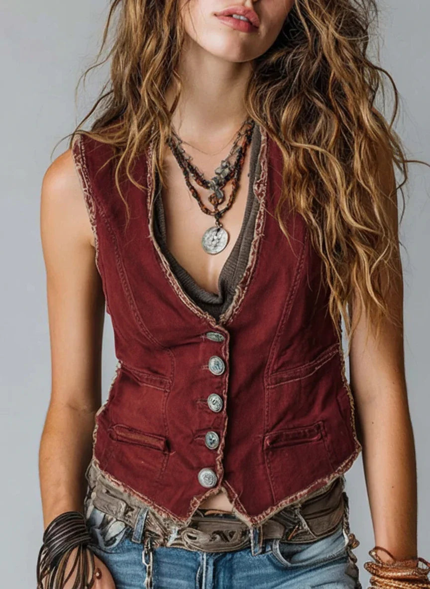 Washed Caramel Denim With Brass Button Stitching Vest