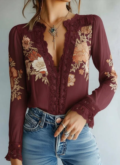 Bohemian Floral Printed Lace Blouse