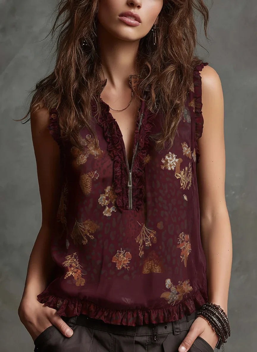Boho Chiffon Sleeveless Leopard Floral Ruffle Top