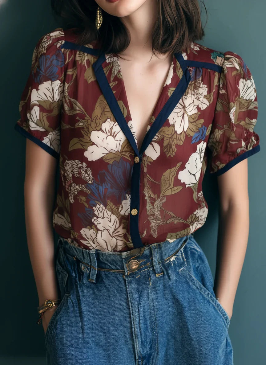 Vintage Sheer Floral Print Blouse With Contrast Trim