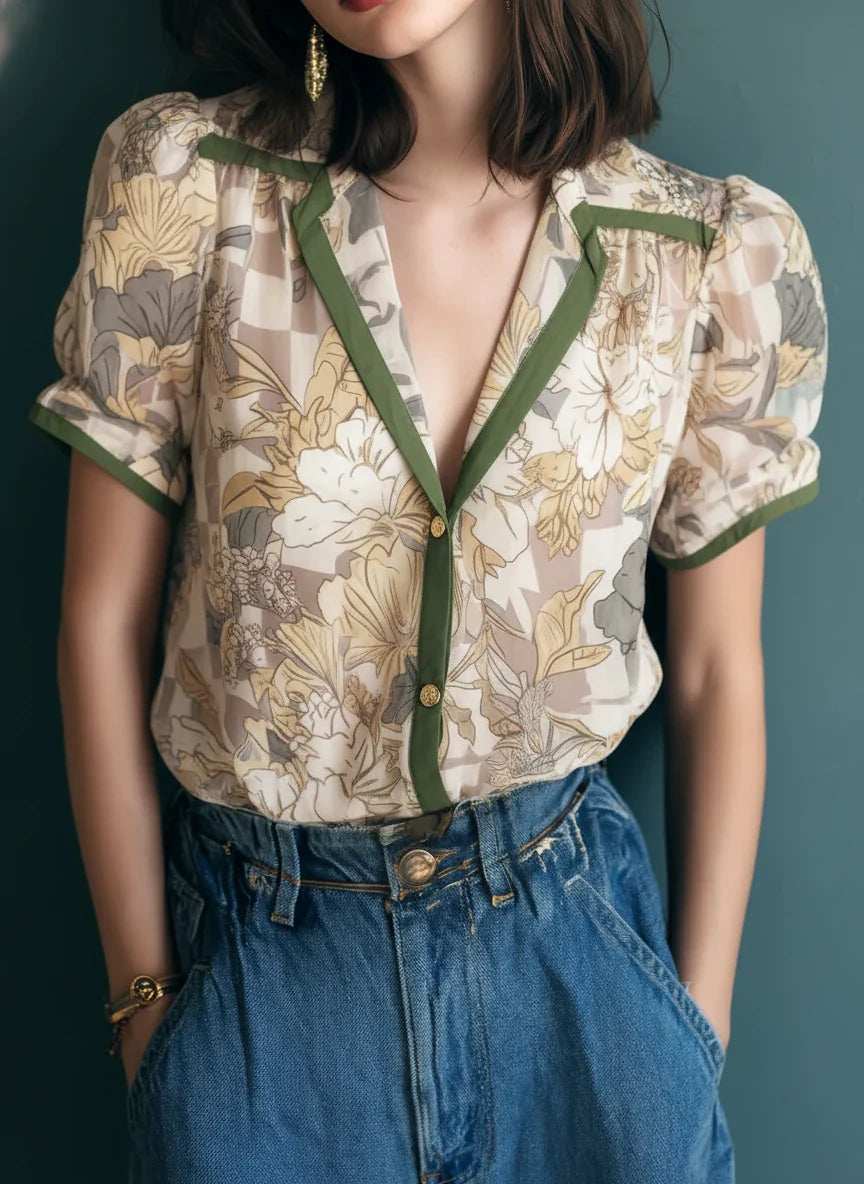 Vintage Sheer Floral Print Blouse With Contrast Trim