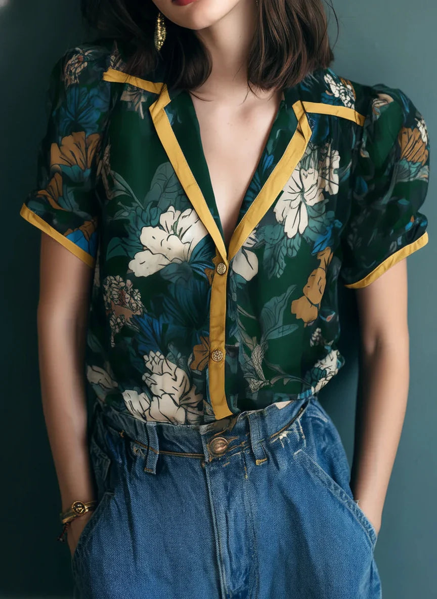 Vintage Sheer Floral Print Blouse With Contrast Trim