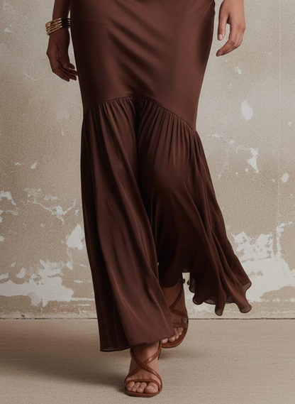 Vintage Satin Maxi Dress With Chiffon Ruffle Hem