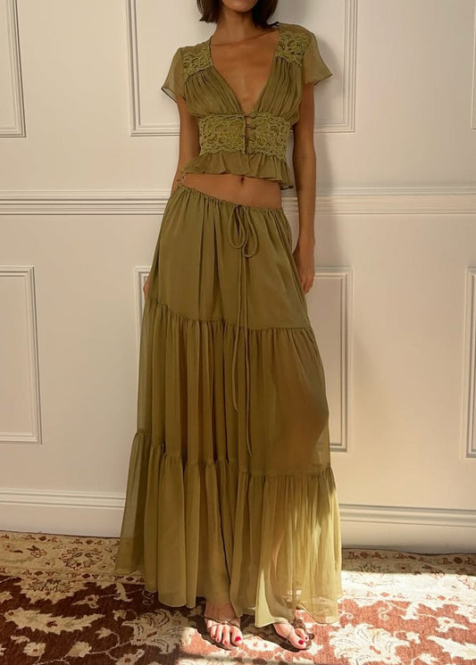 Olive Green Lace Trim Set - French Romantic Two-Piece Set