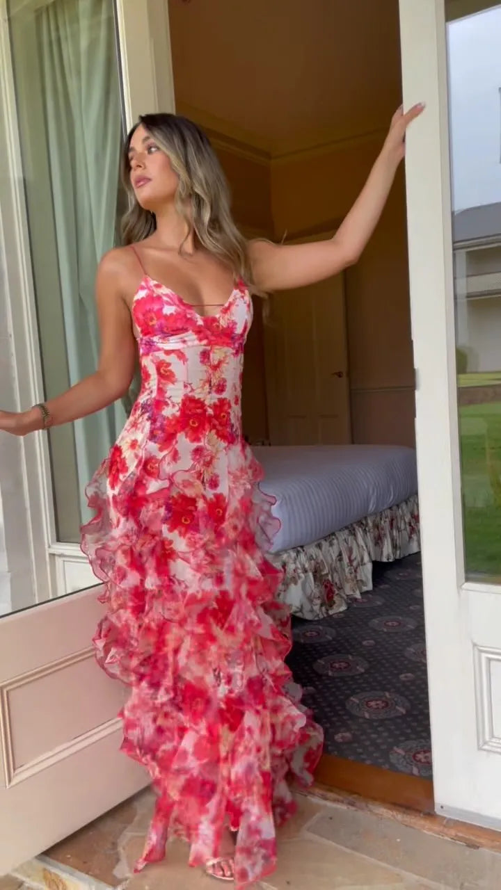 Sexy Sling Deep V-neck Slim-Fit Printed Ruffled Dress
