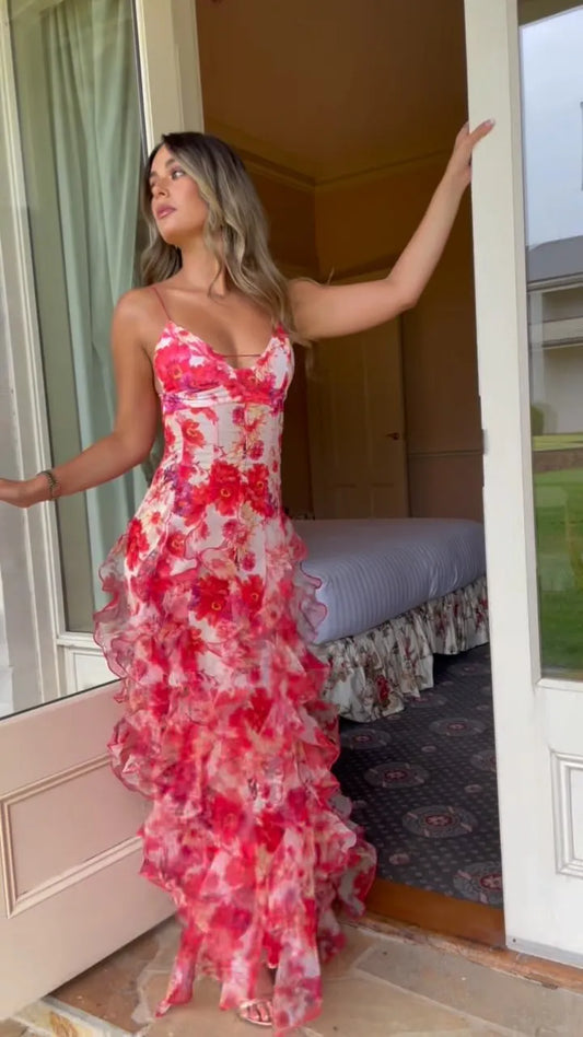 Sexy Sling Deep V-neck Slim-Fit Printed Ruffled Dress