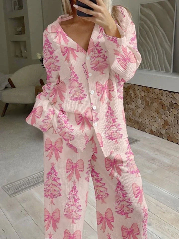 Women's Pink Christmas Tree Bow Print Loose Homewear Set