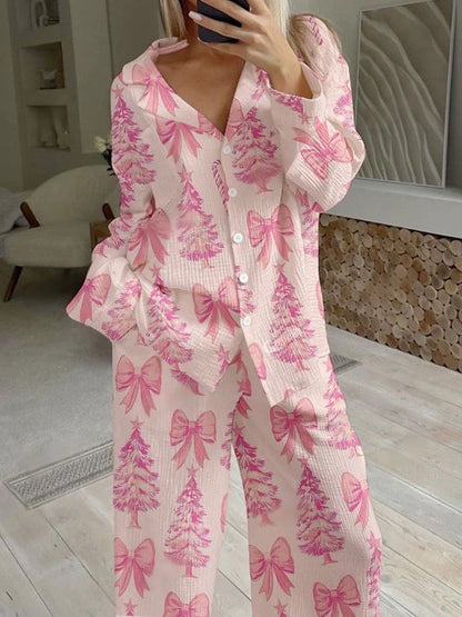 Women's Pink Christmas Tree Bow Print Loose Homewear Set
