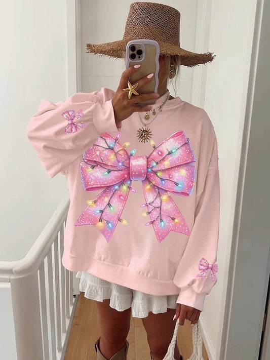Women's Christmas Pink Bow Print Home Sweatshirt