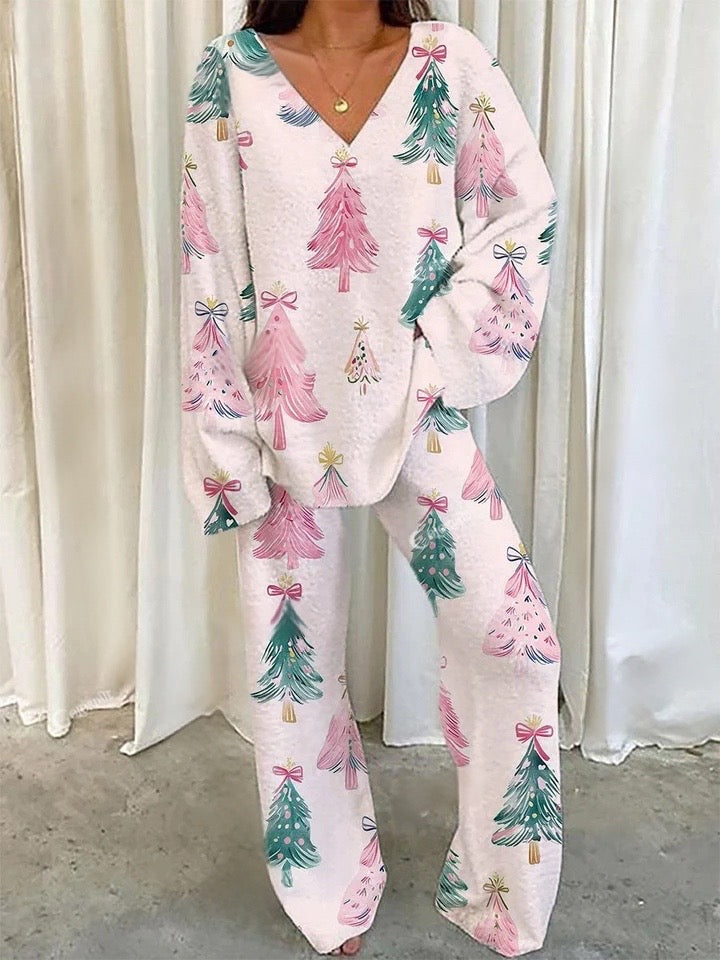 Women's Pink Christmas Tree Printed Rockabilly Pajama Set