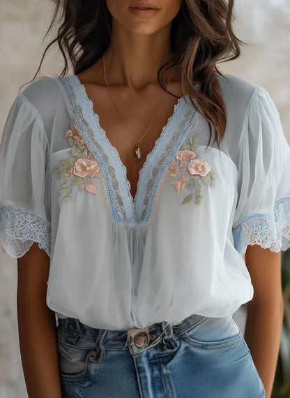 Boho Delicate Floral Embroidered Chiffon Blouse