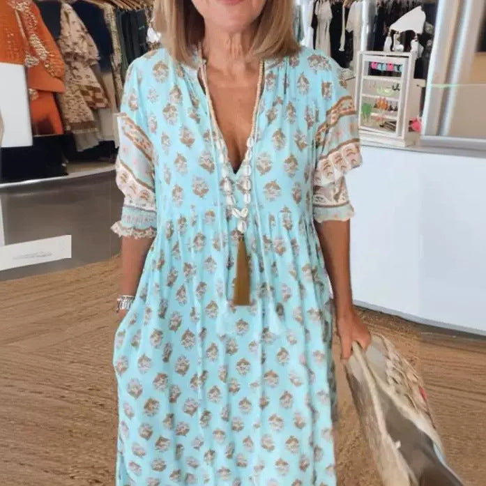 Mint Green Ethnic Printed Tie-Neck Ruffle Tiered Maxi Dress | Boho Vacation Loose Dress