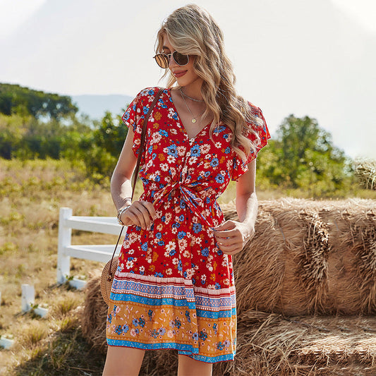 Boho Vintage Print V-Neck Waist Maxi Dress