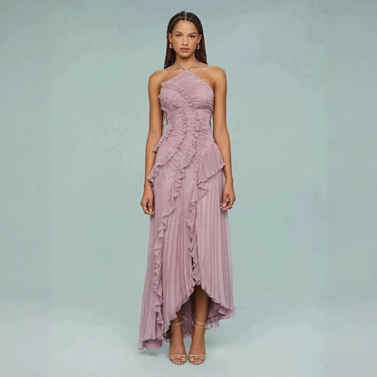 Chiffon Dress Women's Ruffled Pleated Design Slimming Midi Dress