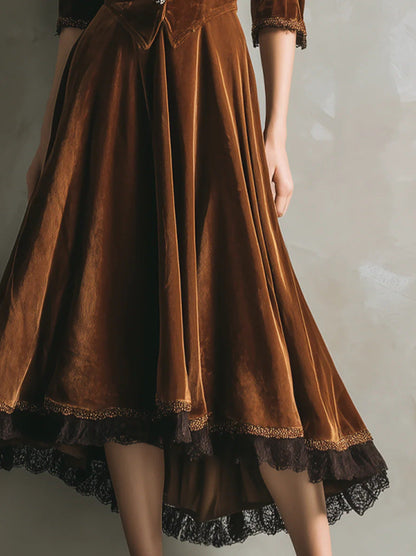 Vintage Western Style Velvet Lace Waist-Cinching Flare Midi Dress | Retro Elegant Slimming Dress