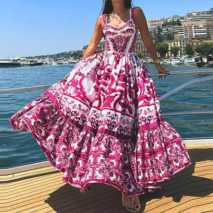 Sicilian Style Blue and White Porcelain Print Spaghetti Strap Maxi Dress | Vacation Style High Waist Tiered Dress