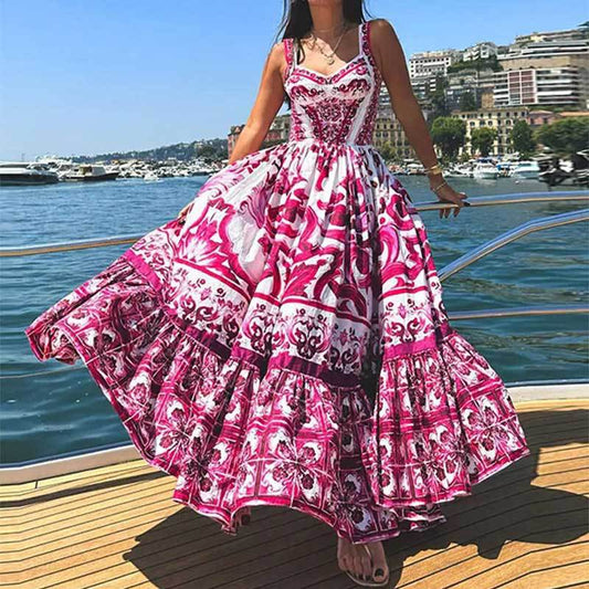 Sicilian Style Blue and White Porcelain Print Spaghetti Strap Maxi Dress | Vacation Style High Waist Tiered Dress