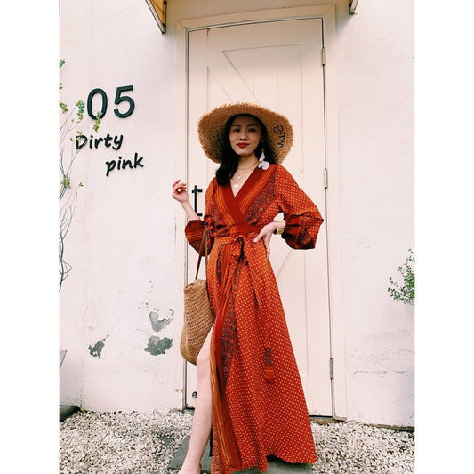 Boho Orange Polka Dot V-Neck Tie Waist Slit Maxi Dress | Vintage Ethnic Style Vacation Dress