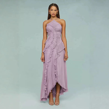 Chiffon Dress Women's Ruffled Pleated Design Slimming Midi Dress