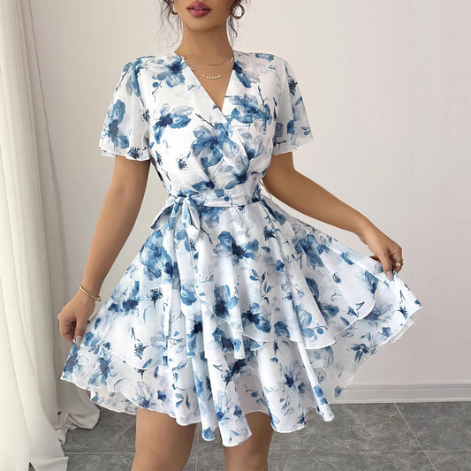 French Ink Flower V-Neck Tie Waist Double Ruffle Mini Dress | Elegant Waist-Cinching Slimming Tea Dress