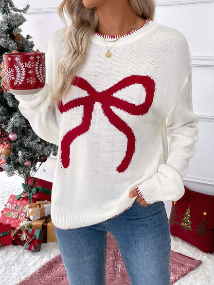 Red Bow Jacquard Crew Neck Oversized Knit Sweater