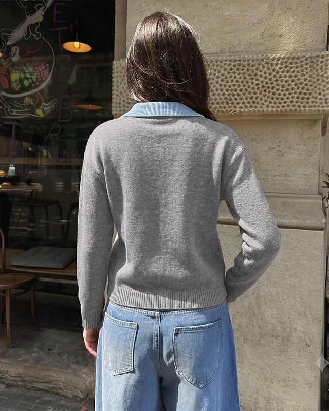 Two-Tone Polo Collar Faux Two-Piece Knit Sweater
