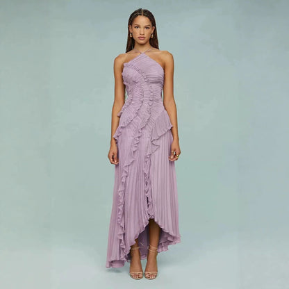 Chiffon Dress Women's Ruffled Pleated Design Slimming Midi Dress