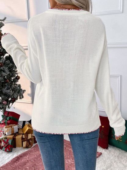 Red Bow Jacquard Crew Neck Oversized Knit Sweater