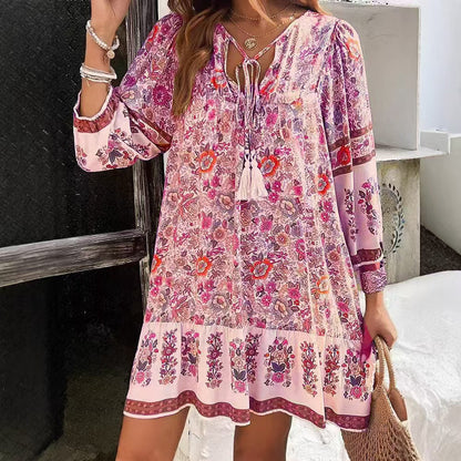 Boho Printed Tie-Neck Tassel Ruffle Mini Dress | Vacation Style Loose A-Line Dress