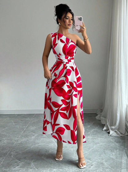 French One Shoulder Leaf Print Waist-Cinching Slit Maxi Dress | Vacation Style Elegant Slimming Tea Dress