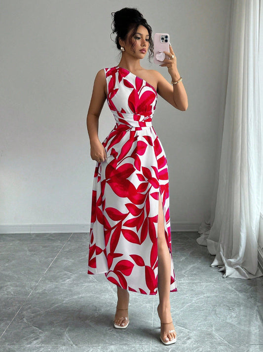 French One Shoulder Leaf Print Waist-Cinching Slit Maxi Dress | Vacation Style Elegant Slimming Tea Dress