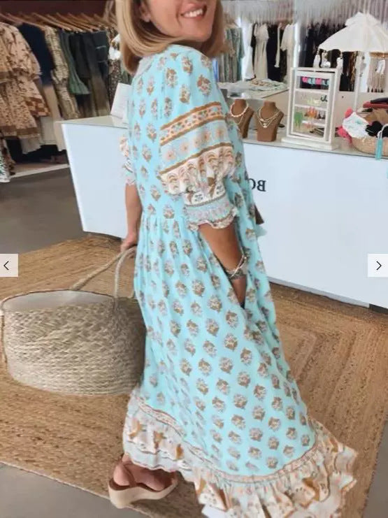 Mint Green Ethnic Printed Tie-Neck Ruffle Tiered Maxi Dress | Boho Vacation Loose Dress