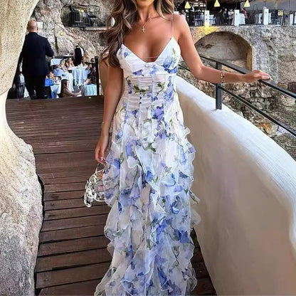 Sexy Women Clothing Spaghetti Straps Sleeveless Dress V-neck Flounce Slim Fit Long Dress