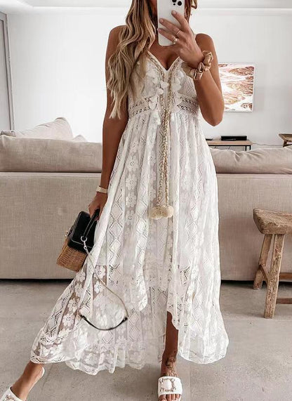 Boho White Lace V-Neck Cami Asymmetrical Maxi Dress | Vacation Style Elegant Waist-Cinching Slimming Dress