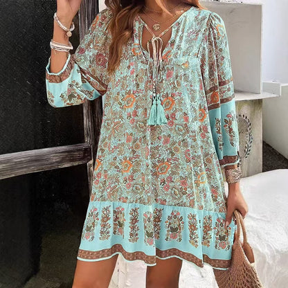 Boho Printed Tie-Neck Tassel Ruffle Mini Dress | Vacation Style Loose A-Line Dress