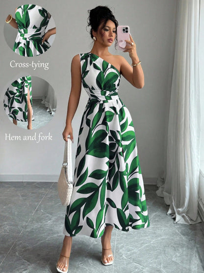 French One Shoulder Leaf Print Waist-Cinching Slit Maxi Dress | Vacation Style Elegant Slimming Tea Dress
